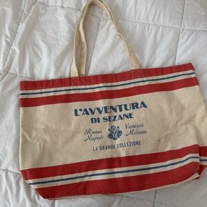 Sézane Canvas Tote Bag with Red and Blue Stripes